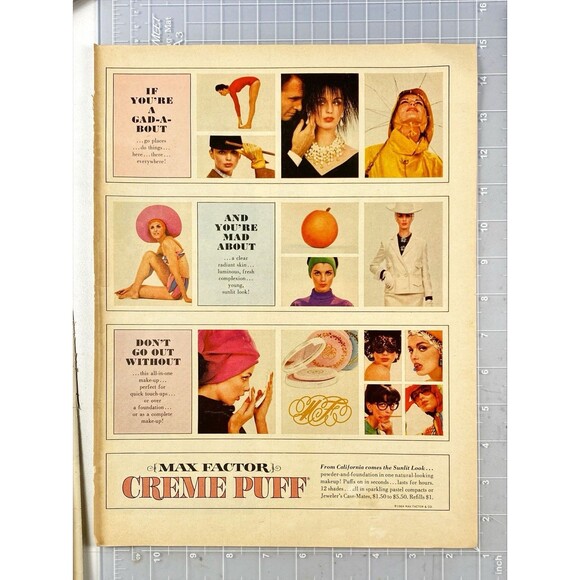 Max Factor Creme Puff Sunlit Look "Natural Looking Lasts for Hours" Vtg Ad 1964 - Picture 2 of 3